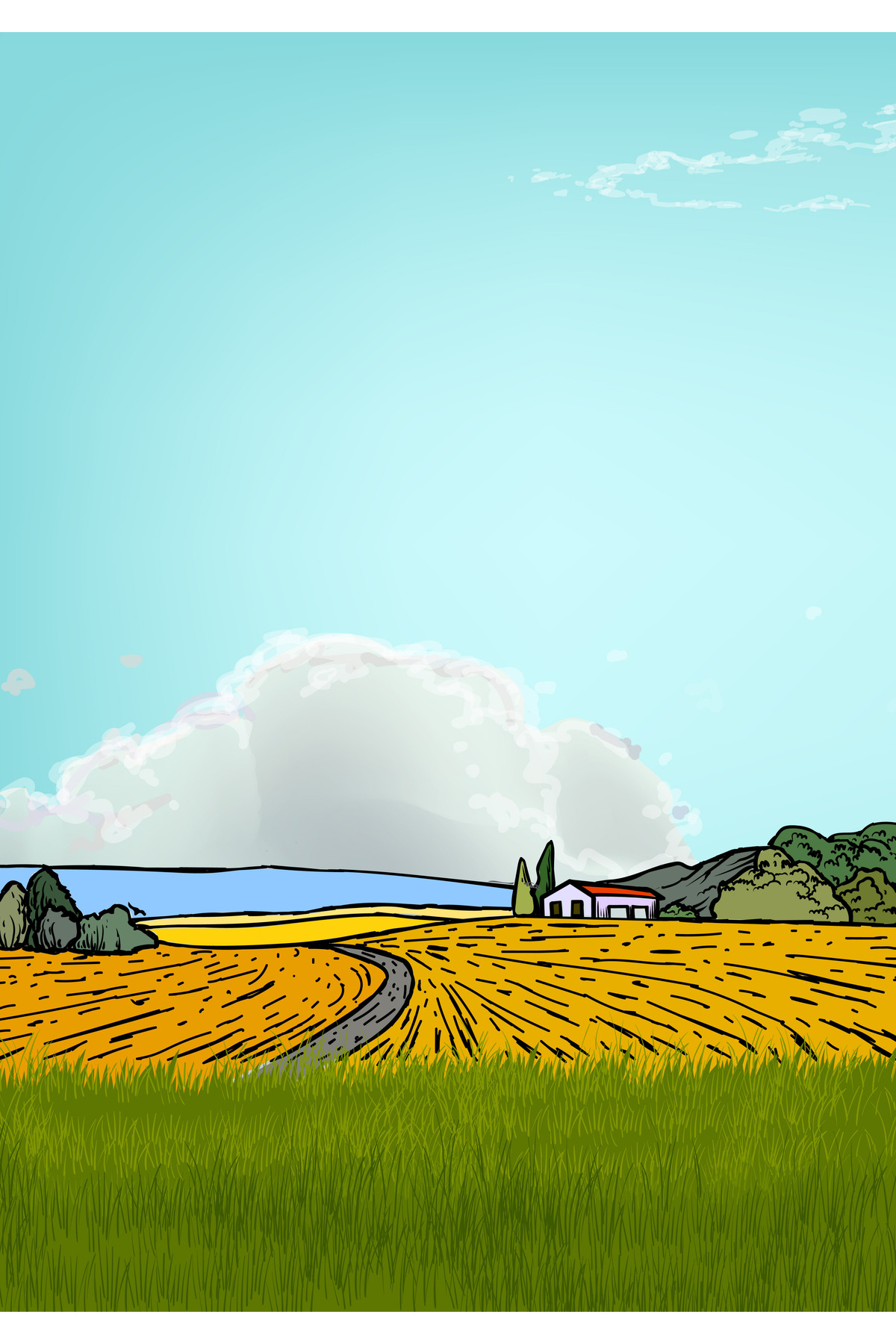 1_org_zoom-182.jpg Pastoral Kırsal Manzara ve Köy Evi İllüstrasyonu Dekoratif Kanvas Tablo - Görsel 1