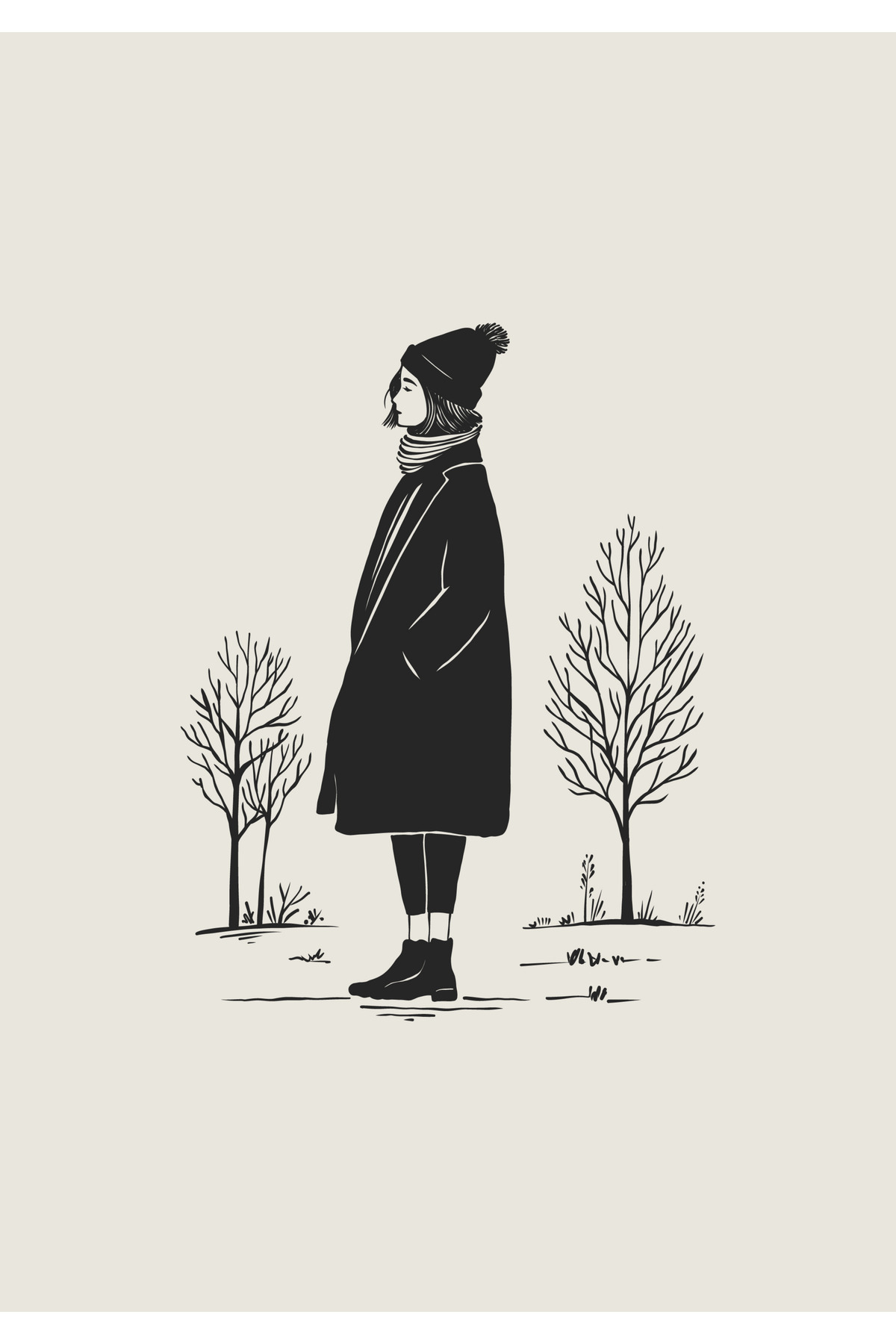 1_org_zoom-97.jpg Minimalist Tarzda Kabanlı Kadın ve Ağaç Çizimi Modern Kanvas Tablo - Görsel 1